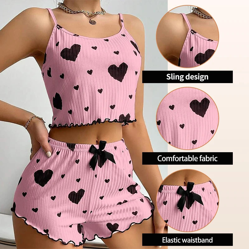 Women's 2 Piece Pajama Set Casual Sleepwear Short Tank Tops and Shorts White Soft Ventilate Love Print S M L