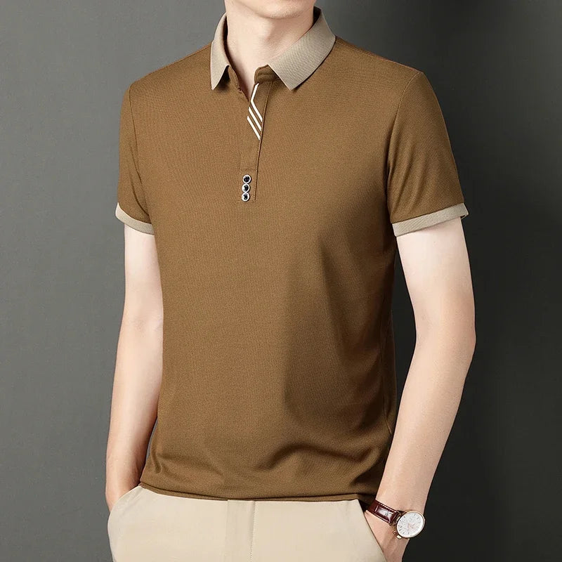Men's Solid Color Casual Short Sleeve Polo Shirt for Summer Business and Leisure
