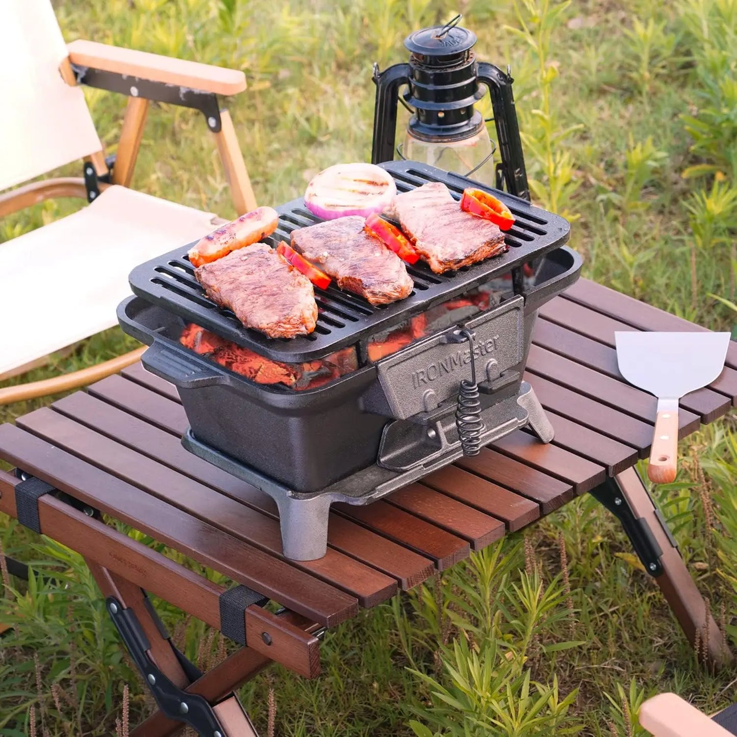 Hibachi Grill Outdoor Small Portable Charcoal Grill 100 Percent Pre Seasoned Cast Iron Japanese Yakitori Camping Grill Two Heights