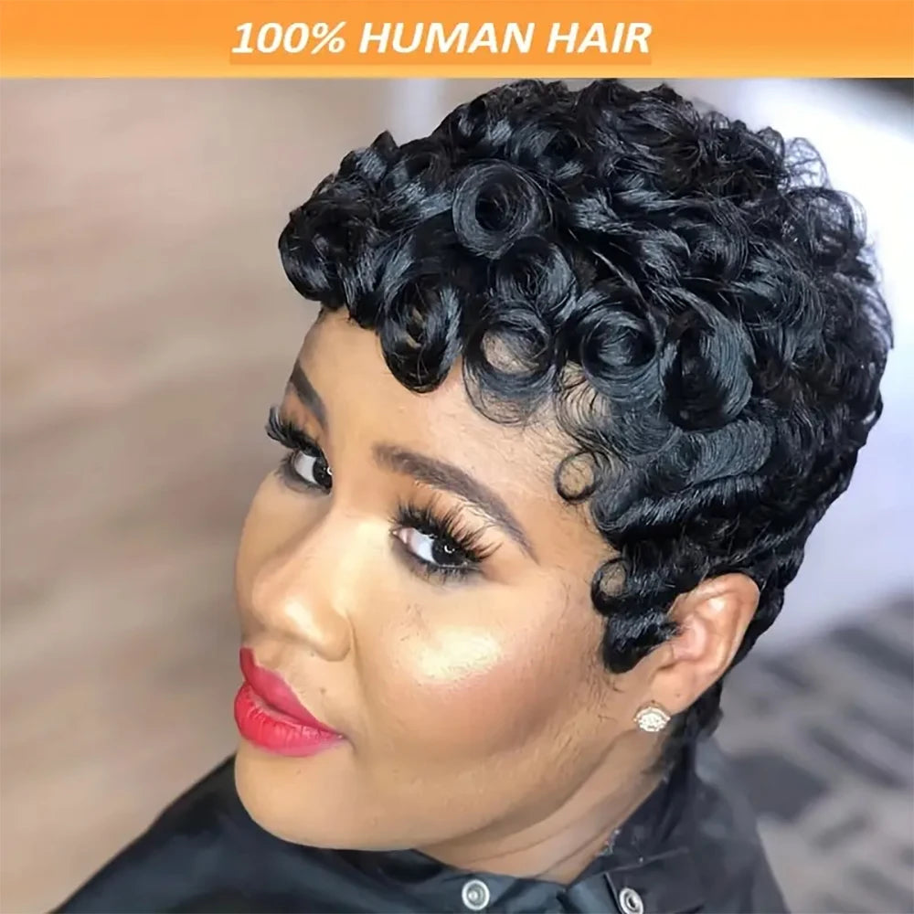 Htonicca Pixie Cut Wigs 100 Percent Human Hair Curly