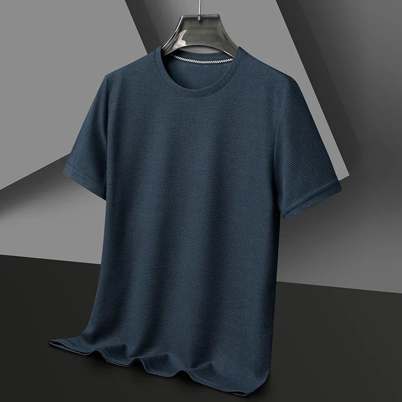 New Summer Waffle Round Neck Short Sleeved T Shirt for Men Casual Top