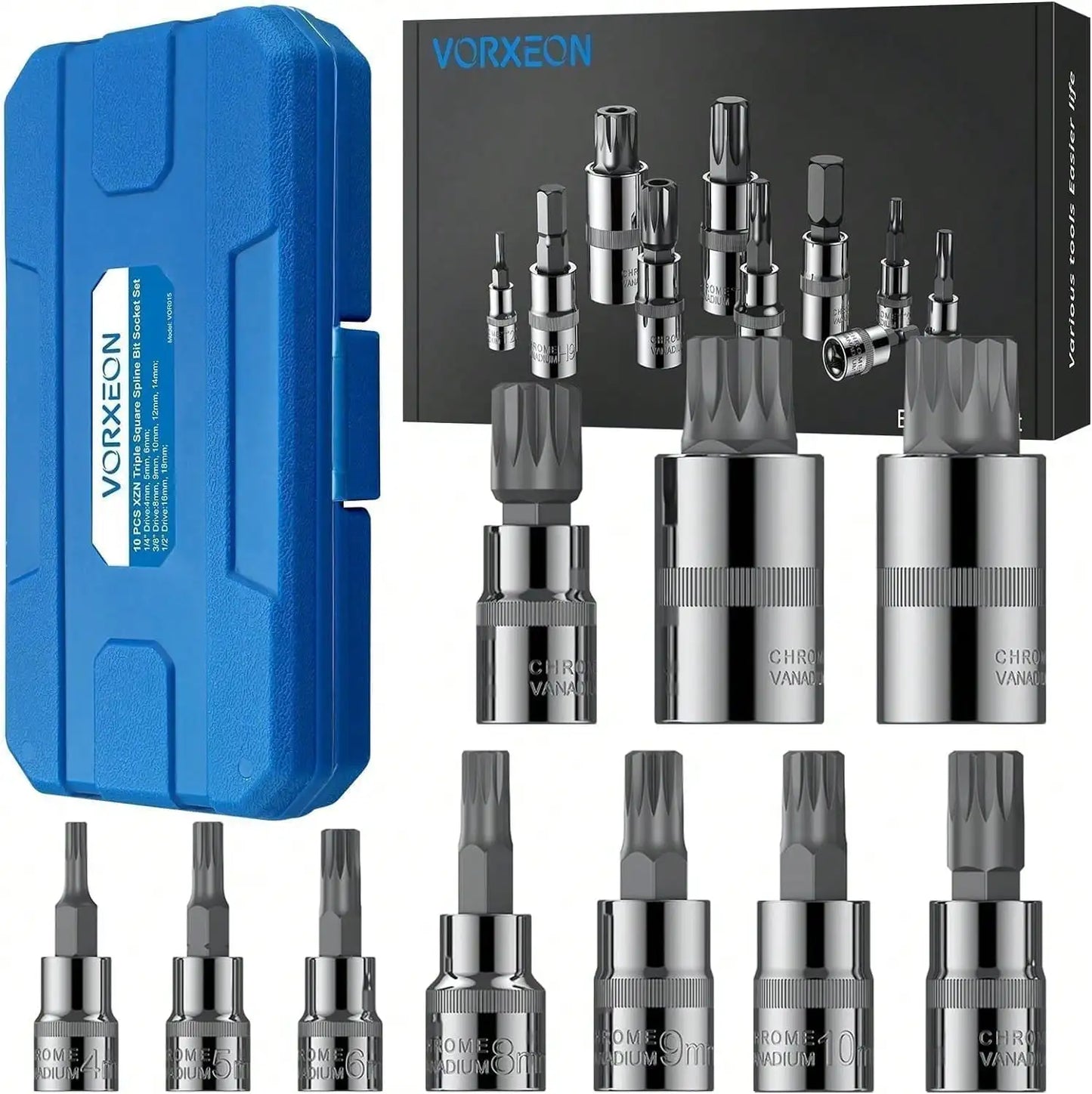 10 Piece XZN Triple Square Spline Bit Socket Set 4mm to 18mm S2 Alloy Steel Tool with Enhanced Storage Case
