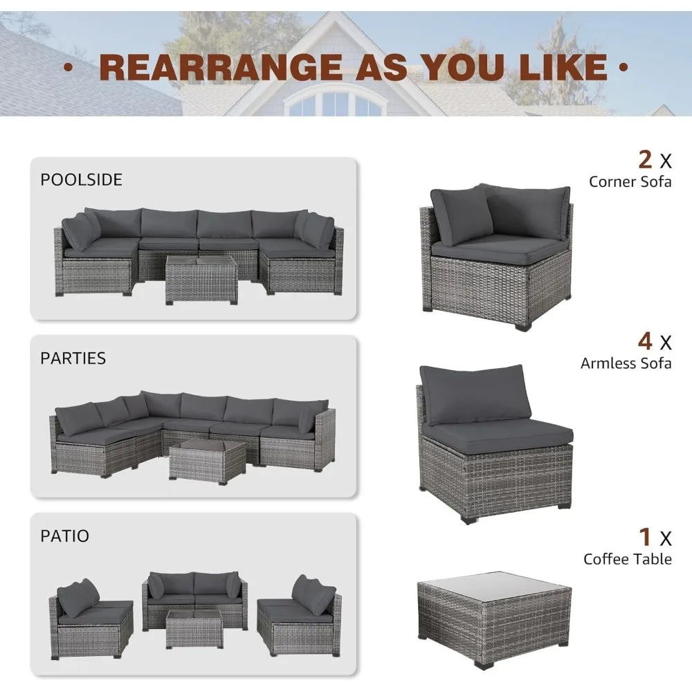 Patio Furniture Set Modular Wicker Outdoor Sectional Sofa Conversation Set Gray Rattan with Cushions