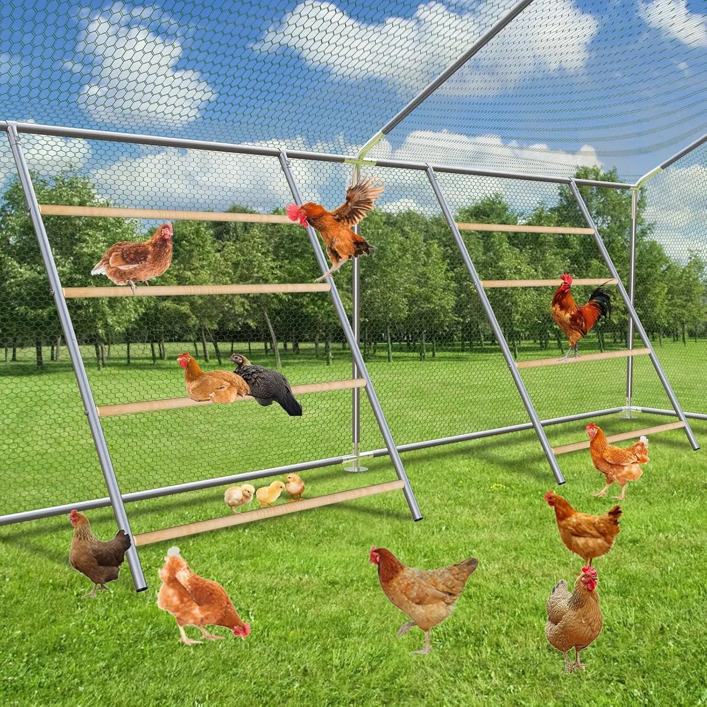 Large Metal Chicken Coop Run Walk In Enclosure Poultry Hen Run House Spire Shaped Chicken Pen with Waterproof and Anti UV Cover