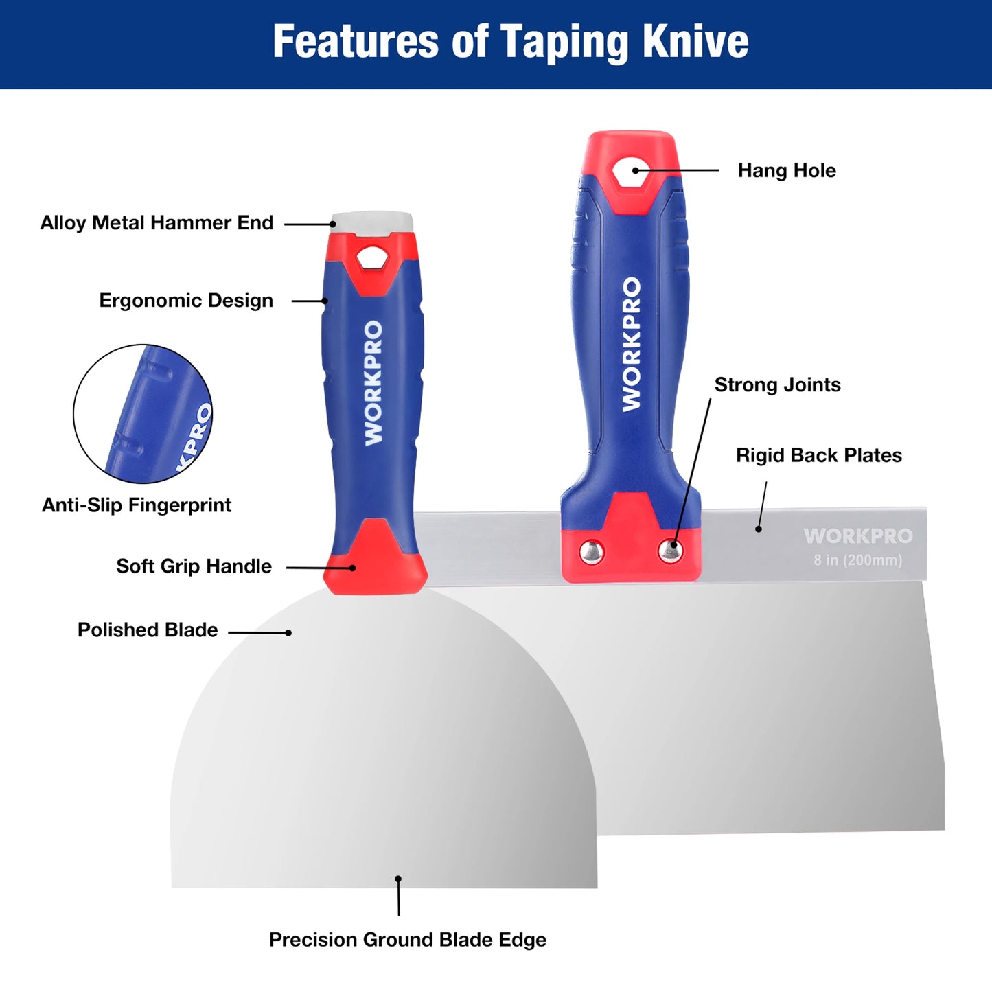 WORKPRO Drywall Knife Set Stainless Steel Taping Knife Putty Knife with 4 Inch 6 Inch 8 Inch 10 Inch 12 Inch Blades and Alloy Metal Hammer