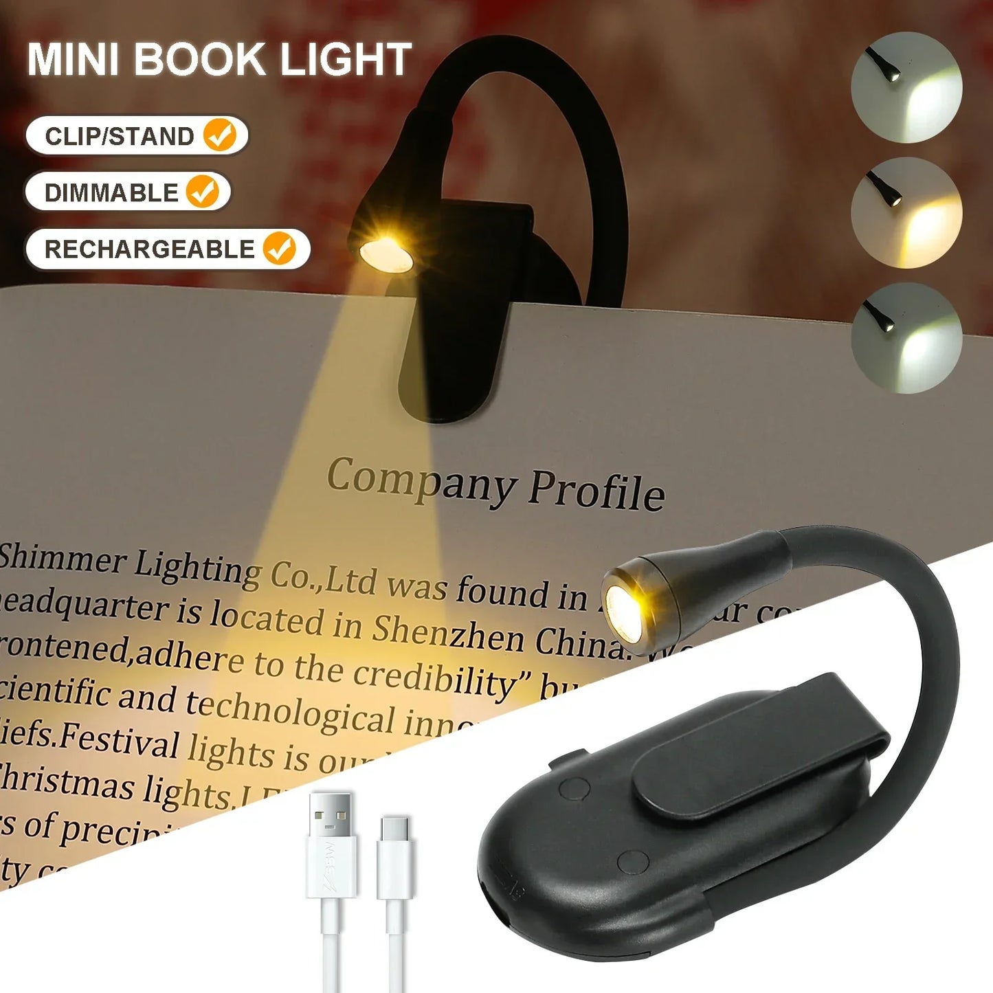Mini Book Light Portable Clip Night Light USB Charging LED Dimmable Eye Protect Camping Clip 360 Degree Flip Book Lamp