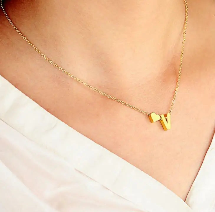 26 Alphabet Initial Letters Heart Gold Necklace Chain Pendant Bridesmaid Jewelry