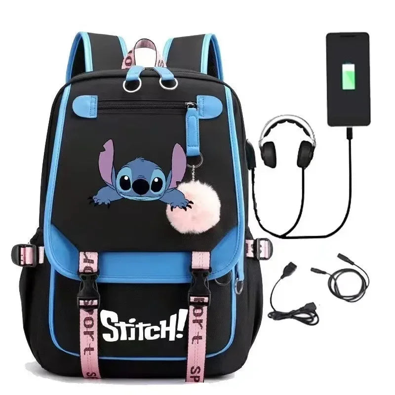 Miniso Disney 2025 New Series Cute Stitch Casual USB Charging Backpack Large Capacity Fashion Zipper High Quality Softback