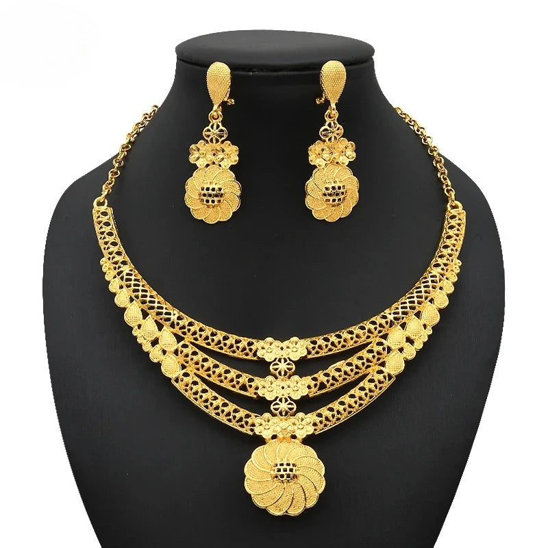 Dubai Luxury Nigerian Wedding Golden Jewelry Sets For Lady Bridal Necklace Sets Indian Party Jewellery Engagement Gifts