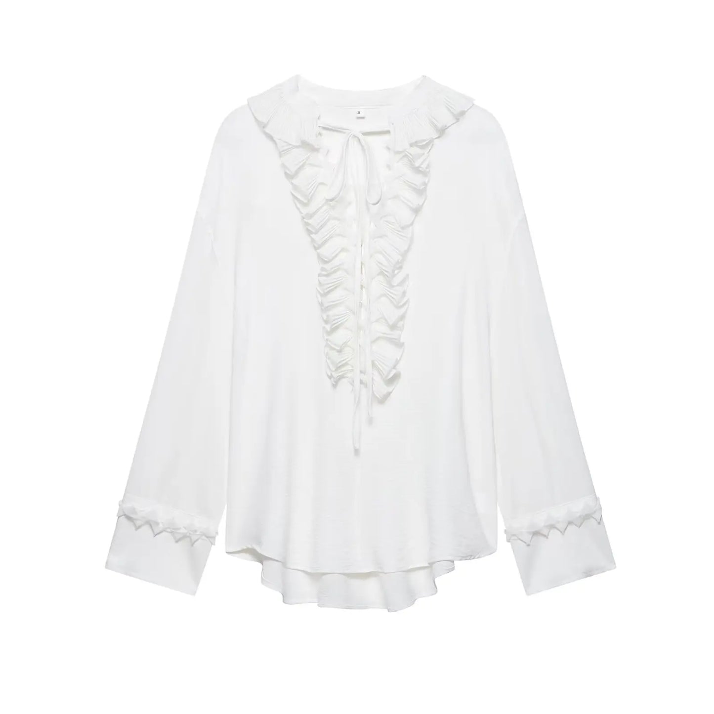TRAFZA Women Elegant Skirt Suit Long Sleeve Lace Loose Shirt and Zipper Pleated Casual Long Skirt Set