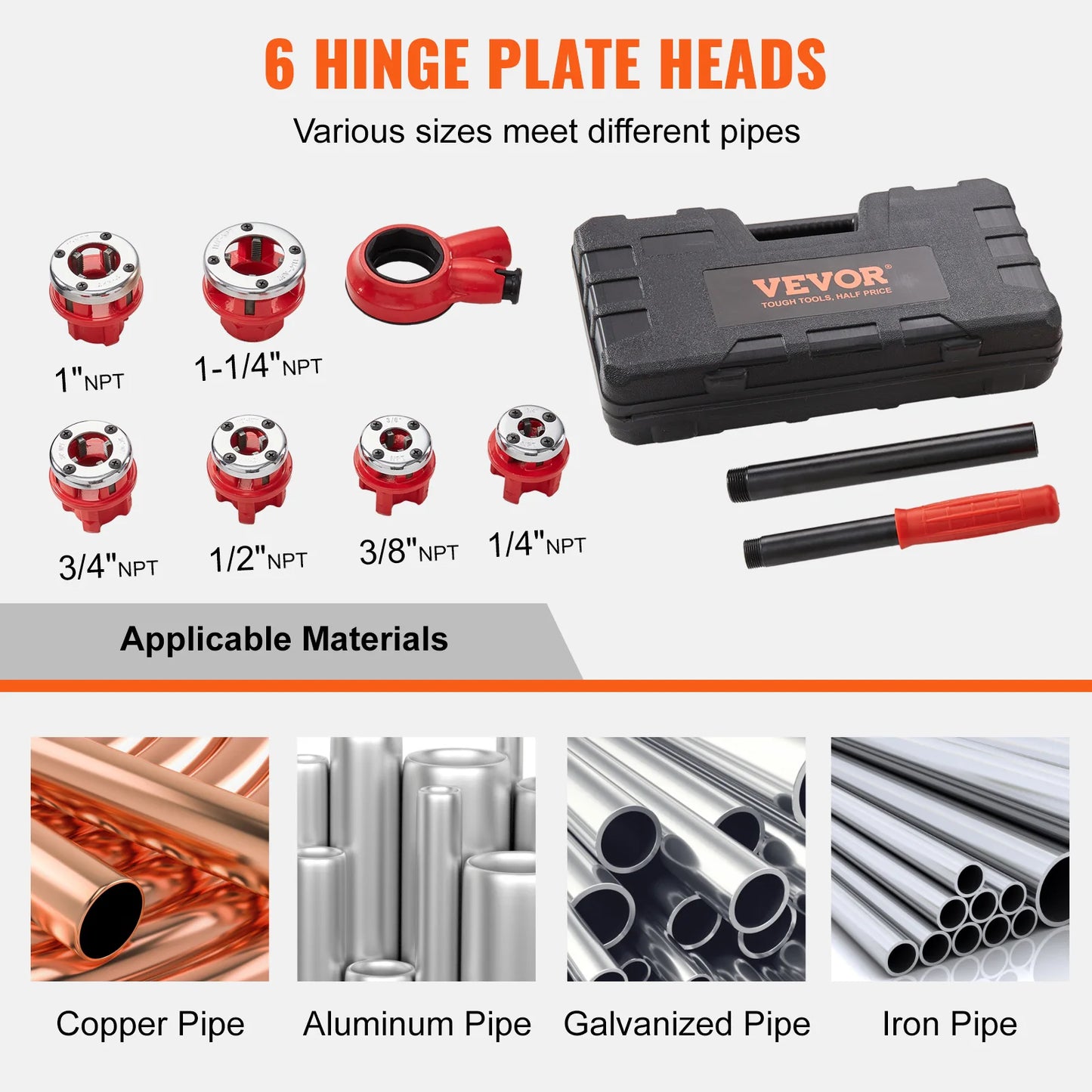 VEVOR Manual Pipe Threader Ratchet Tool Portable Pipe Threading Set with 6 Pieces NPT Dies for Galvanized Aluminum Iron Copper Pipes