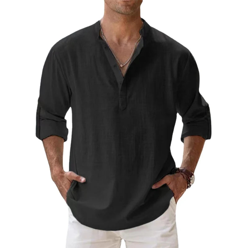 New Cotton Linen Casual Shirts for Men Lightweight Long Sleeve Henley Beach Hawaiian T Shirts