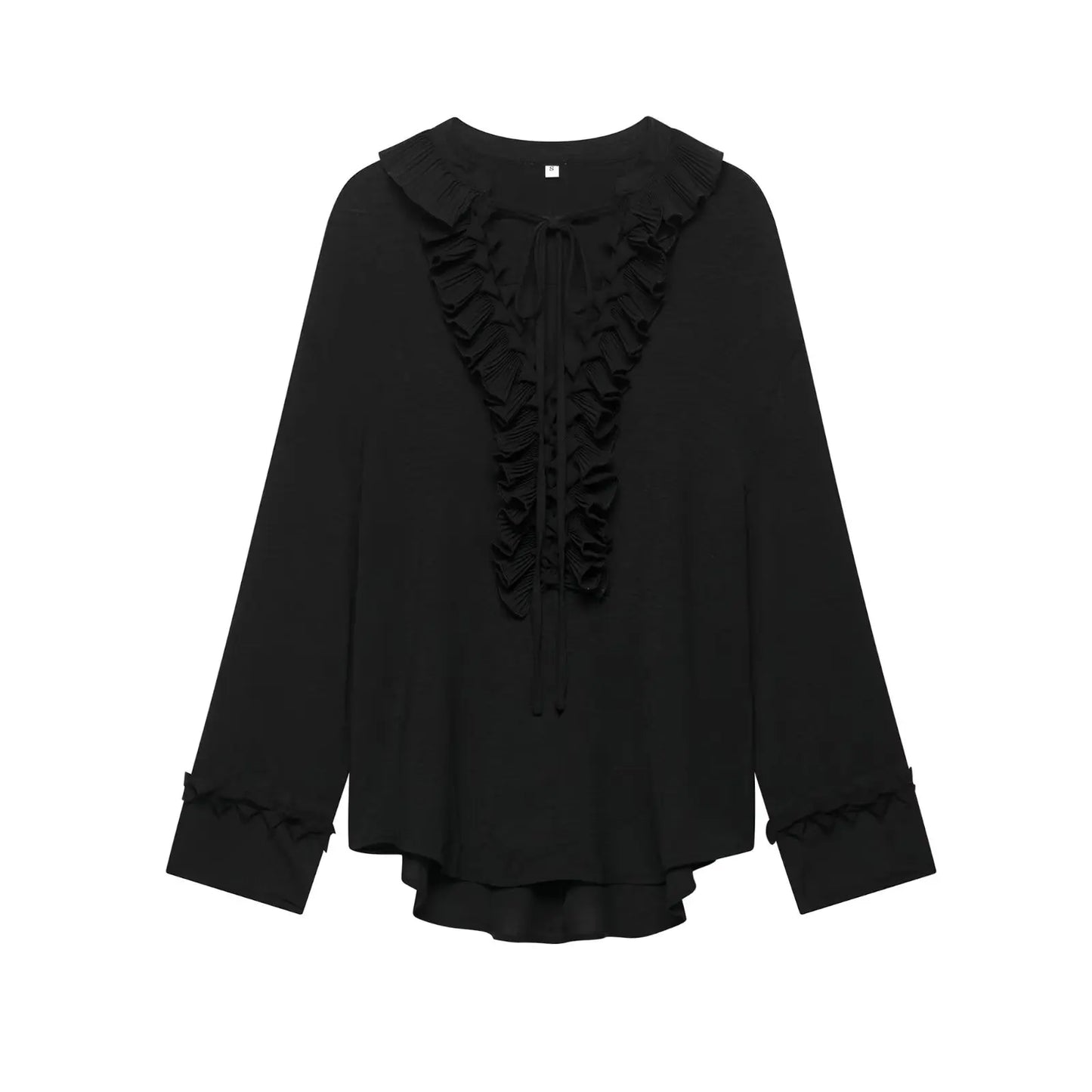 TRAFZA Women Elegant Skirt Suit Long Sleeve Lace Loose Shirt and Zipper Pleated Casual Long Skirt Set