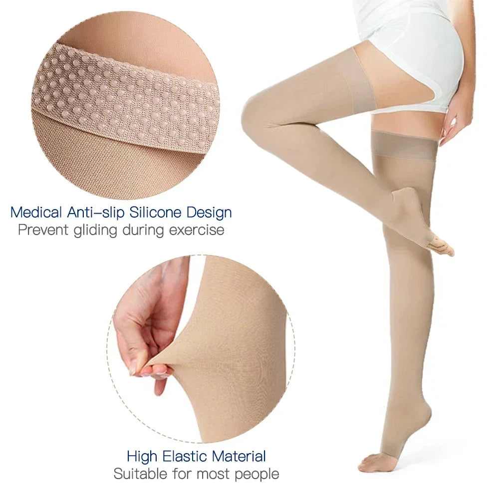 1 Pair Thigh High 20-32 mmHg Compression Stockings Toeless Compression Socks for Men and Women Circulation with Silicone Dot Band