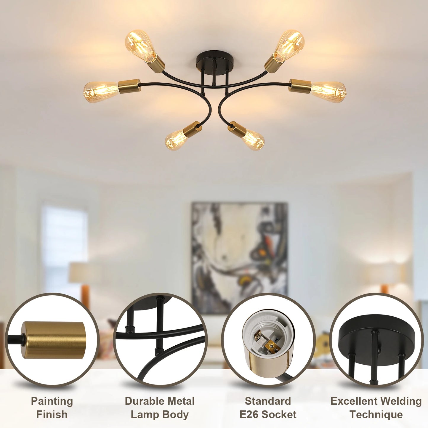 Sputnik Ceiling Light Fixture 6 Light Black Gold Chandelier