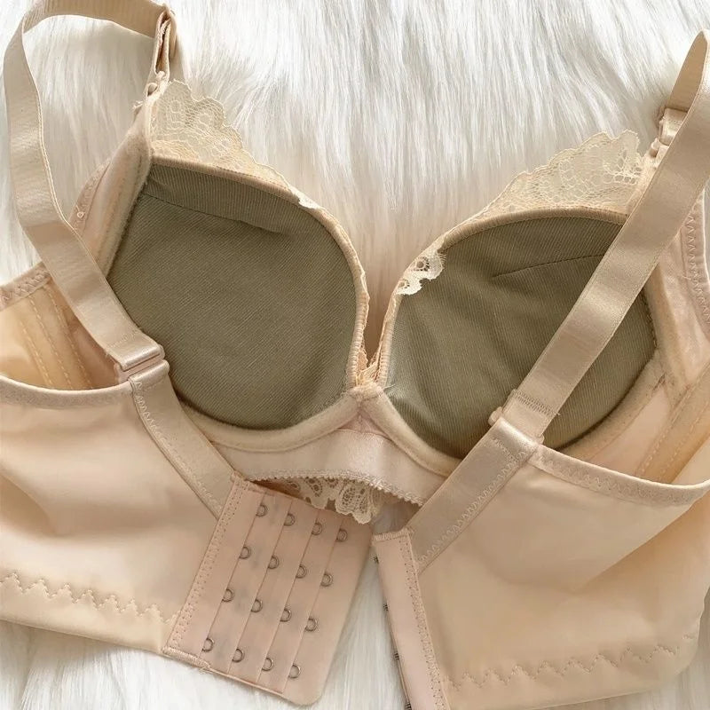 Small Thick Padded Bra for Flat Chest with Lace Decoration and Back Closure