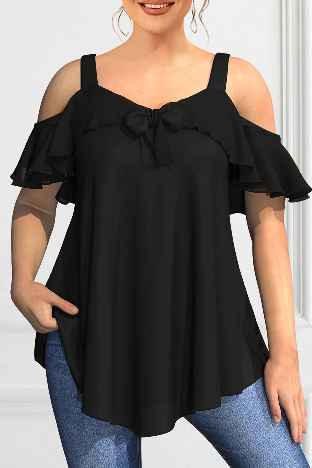 Plus Size Blouse for Women Elegant Cold Shoulder Ruffle Tops Loose Fit Solid Color Blusas 0XL to 5XL