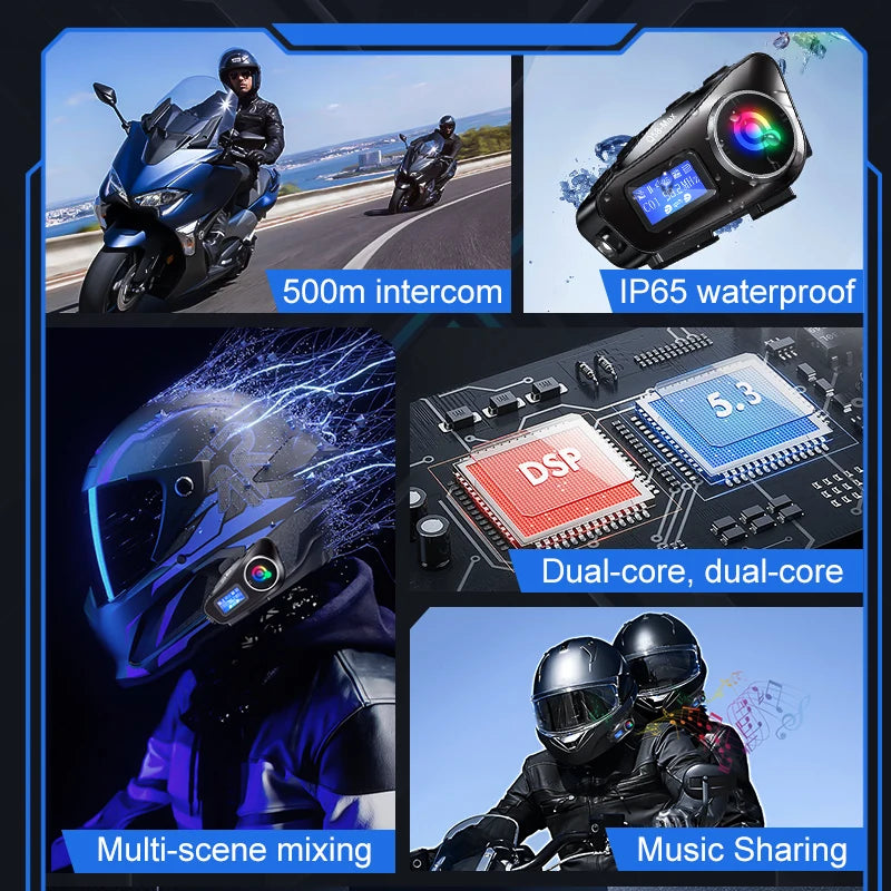 Q58 Max Motorcycle Helmet Bluetooth Intercom IP65 Waterproof 500 Meter Range Multi-Scene Music Sharing