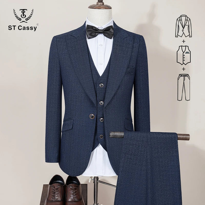 ST Cassy Luxury Men Suit Slim Fit Male Groom Wedding Blazers Party Dress Suit Business Office Three Piece