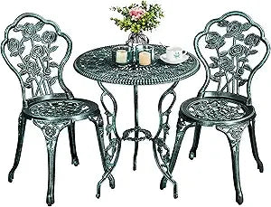 3 Piece Outdoor Bistro Set with Rose Design Rust Resistant Cast Aluminum Table and Chairs with Umbrella Hole for Balcony and Backyard