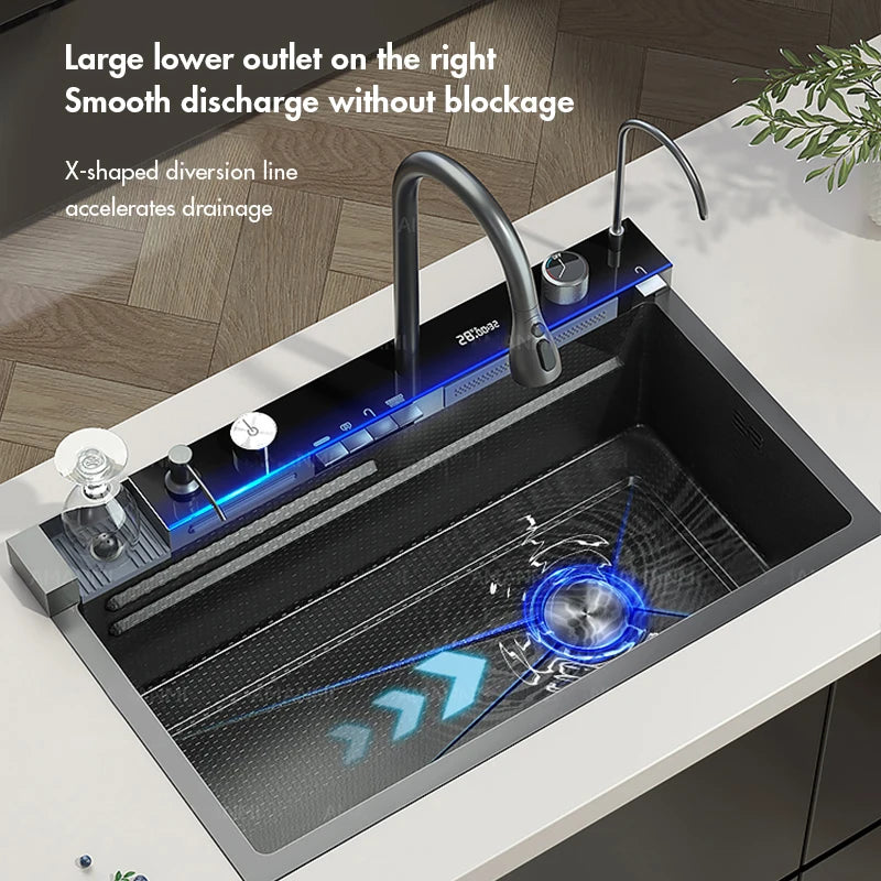 304 Stainless Steel Large Single Slot Waterfall Kitchen Sink with Integrated Digital Display Faucet Set and Soap Dispenser