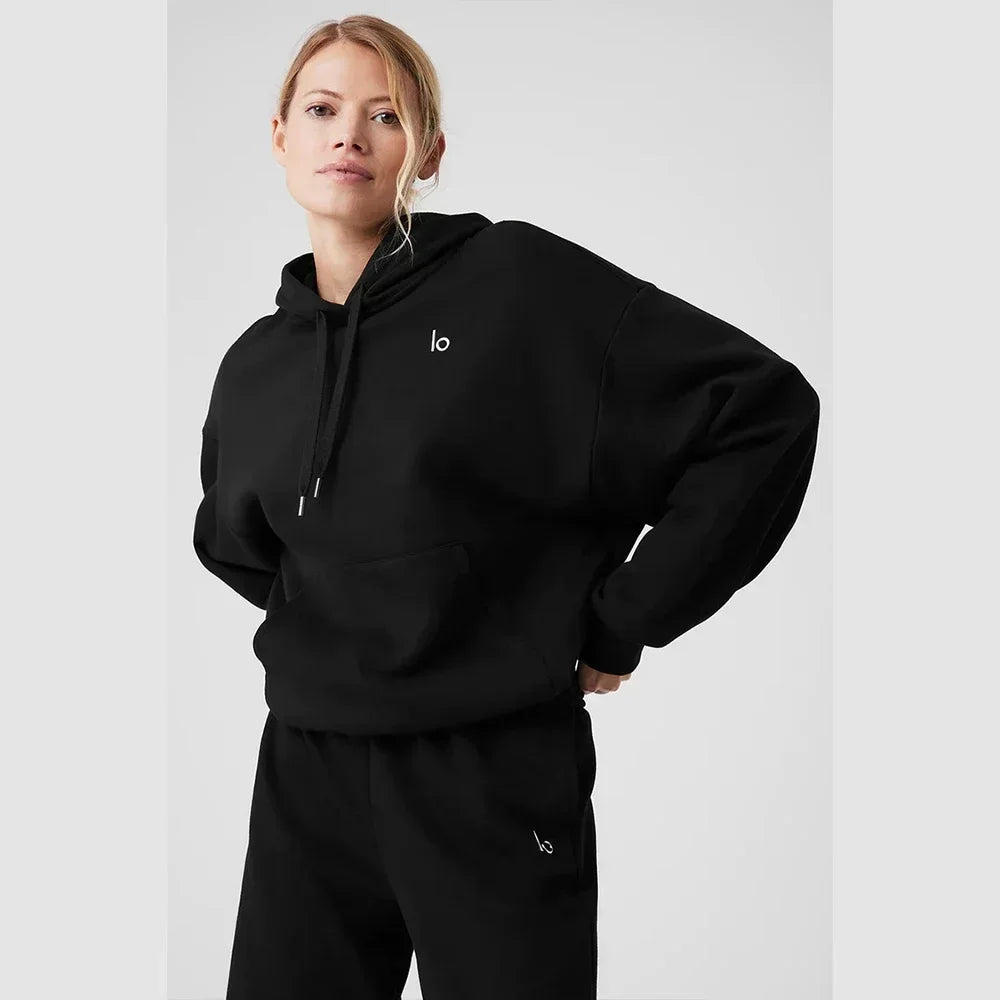 LO Casual Versatile Pure Cotton Pullover Hoodie Sports Outdoor Top Long Sleeved Hooded Solid Color Loose Autumn/winter Hoodie