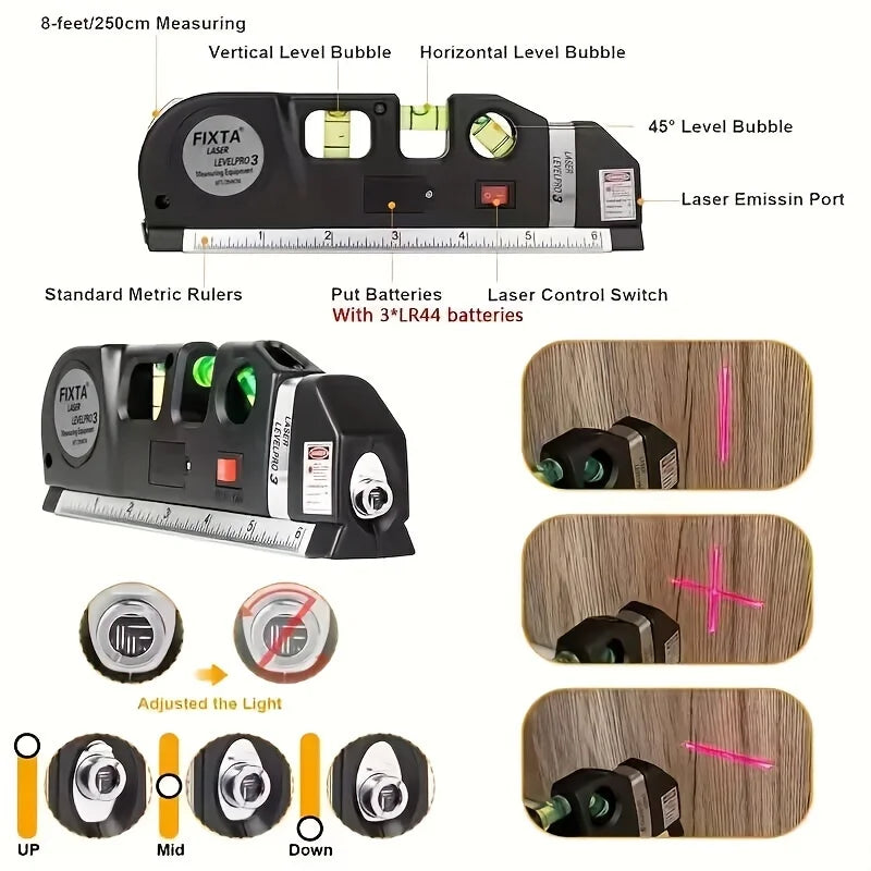 Easy To Use Laser Level Line Tool Multipurpose Laser Level Kit Standard Cross Line Laser 8 Feet Measure Tape Ruler