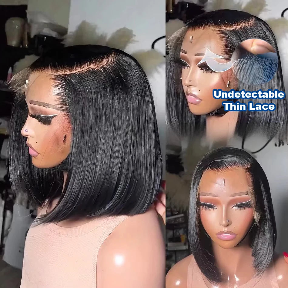 13x4 Short Bob Wigs 220 Percent Density Bone Straight Human Hair Pre Plucked Transparent Lace Frontal Wig