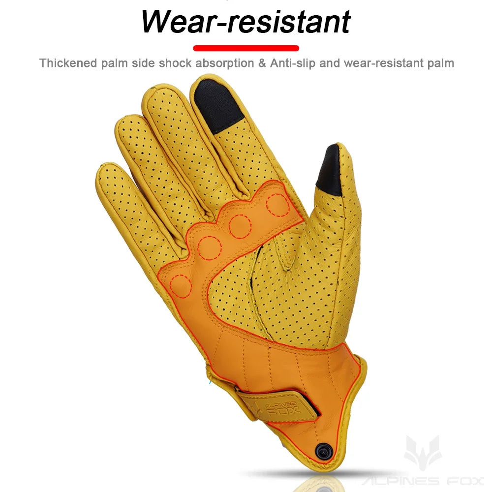 Vintage Goatskin Motorcycle Gloves Men Summer Yellow Retro Leather Guantes M-XXL
