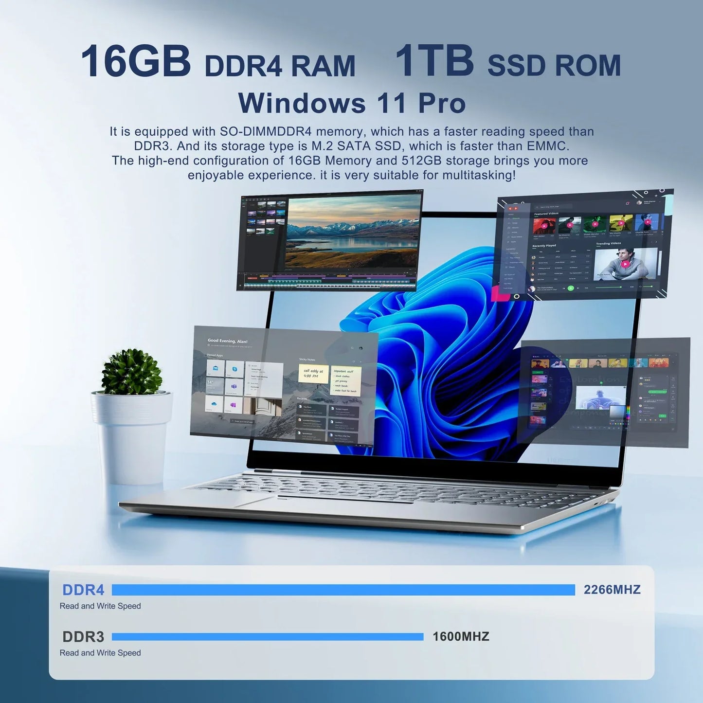 16 Inch Gaming Laptop Intel Celeron N95 4K HD 120Hz 32GB RAM 2TB SSD Windows 11 Fingerprint Unlock High Performance Office and Gaming PC