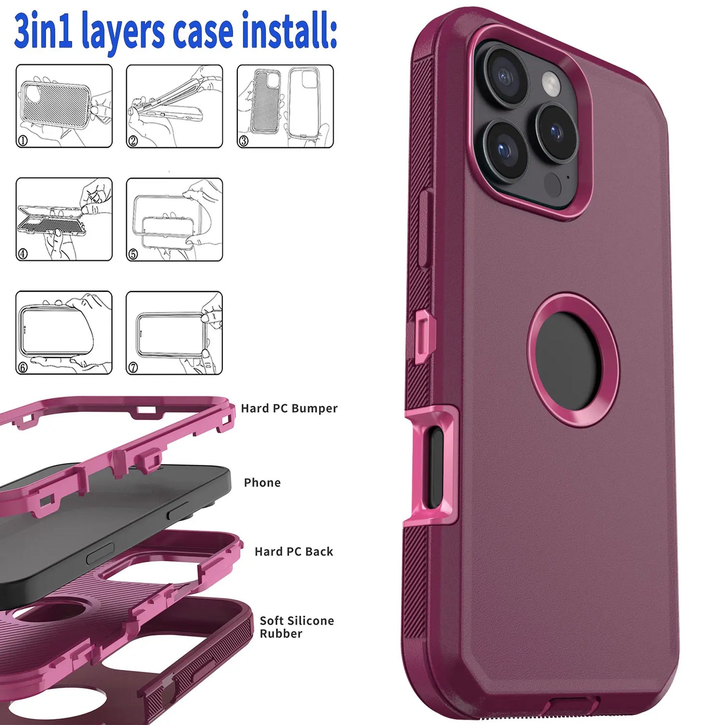 Red Heavy Duty Shockproof Hard Case for iPhone 16 Pro Max 16 Plus 16 Pro 16 Rugged Hybrid 3in1 Layers Phone Cover