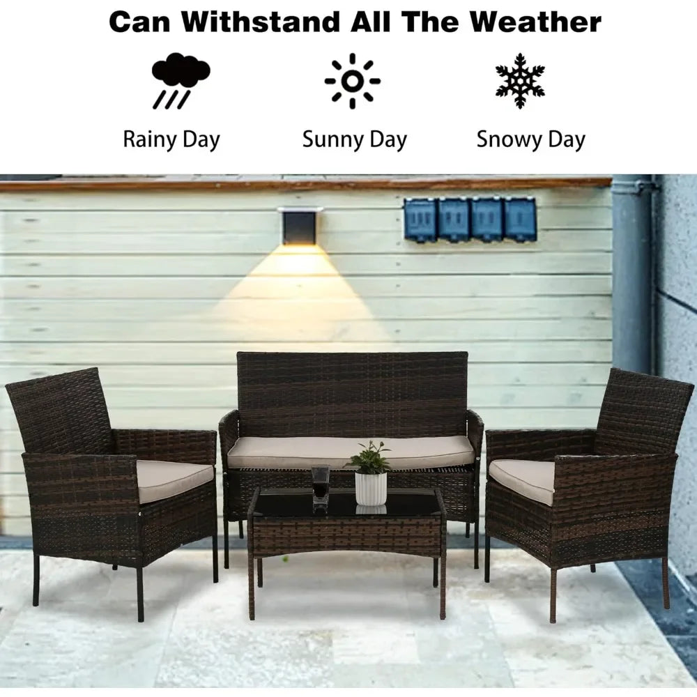 4 Pieces Patio Furniture Set Rattan Wicker Sofa Garden Conversation Set with Soft Cushions and Glass Table