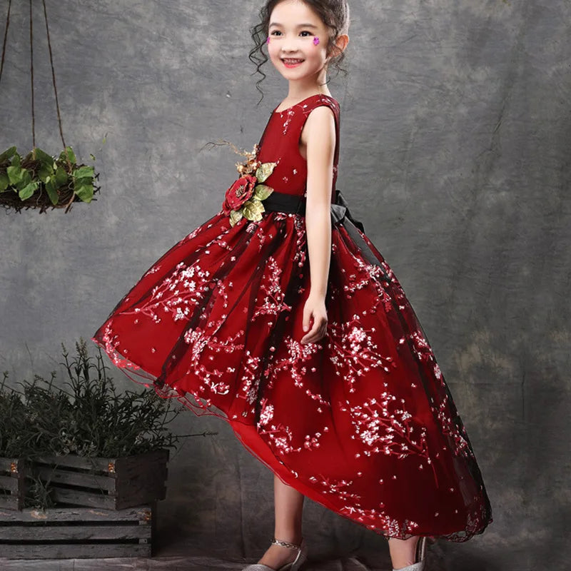 Baby Girls Flower Princess Dress Mid-Calf Length Cotton Polyester Voile Tribute Silk Mesh Age 7-12 Years