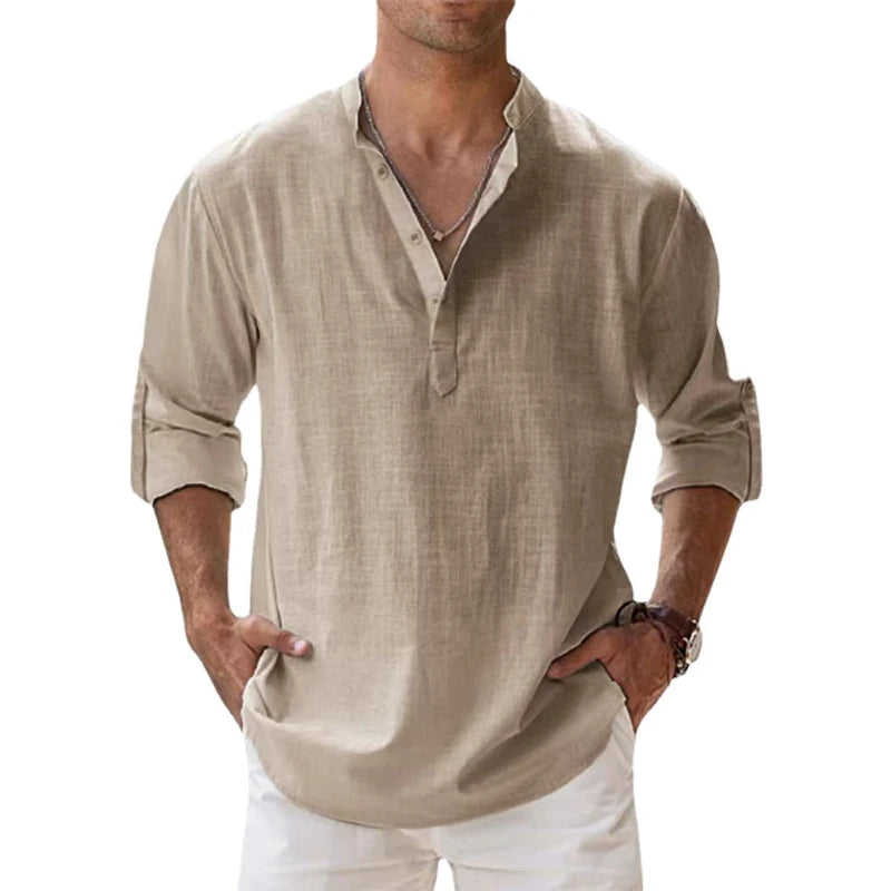 New Cotton Linen Casual Shirts for Men Lightweight Long Sleeve Henley Beach Hawaiian T Shirts