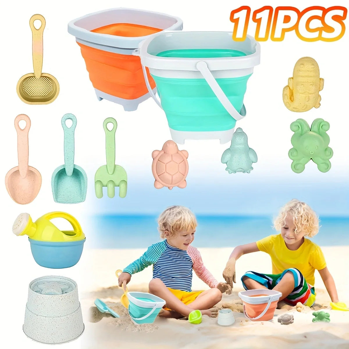 11 Pcs Beach Toys Set Gift Package Sand Toys for Kids Sandbox Toys with Collapsible Bucket Shovel Set Sand Molds Summer Outdoor Fun