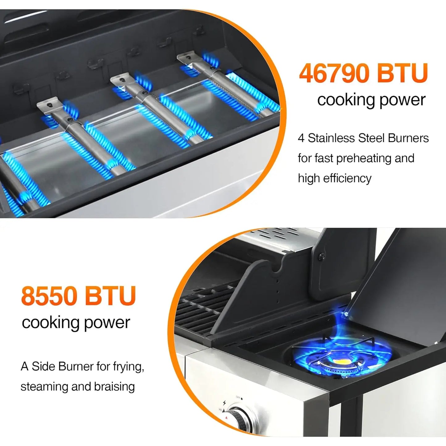 4-Burner Gas Grill, 46,790 BTU Outdoor BBQ Grill with Infrared Side Burner, Porcelain Cast Iron Grates & Stainless, Customized