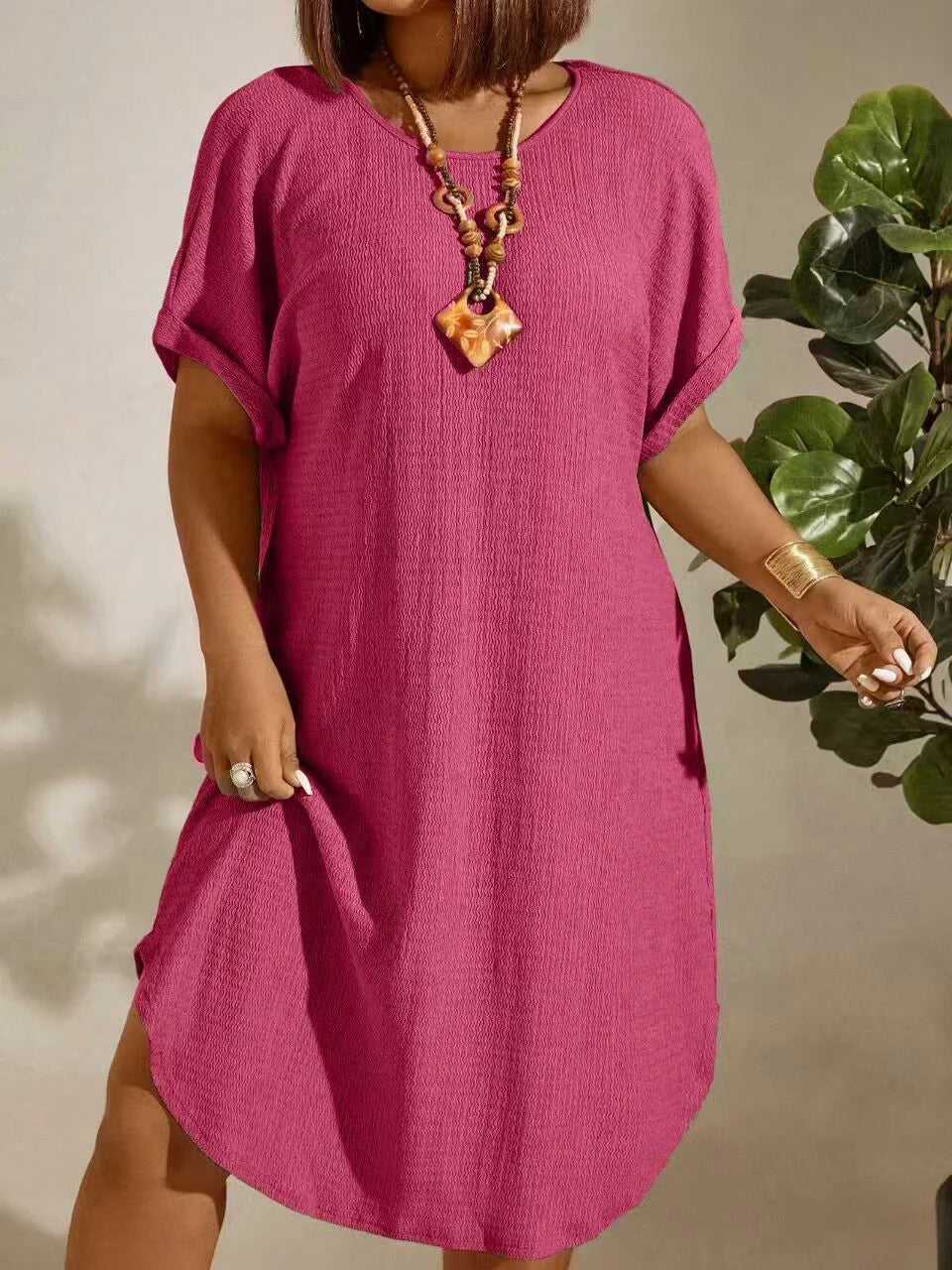 Casual Short Sleeve Round Neck Pure Color Dress for Women Spring Summer Knee Length Fashion