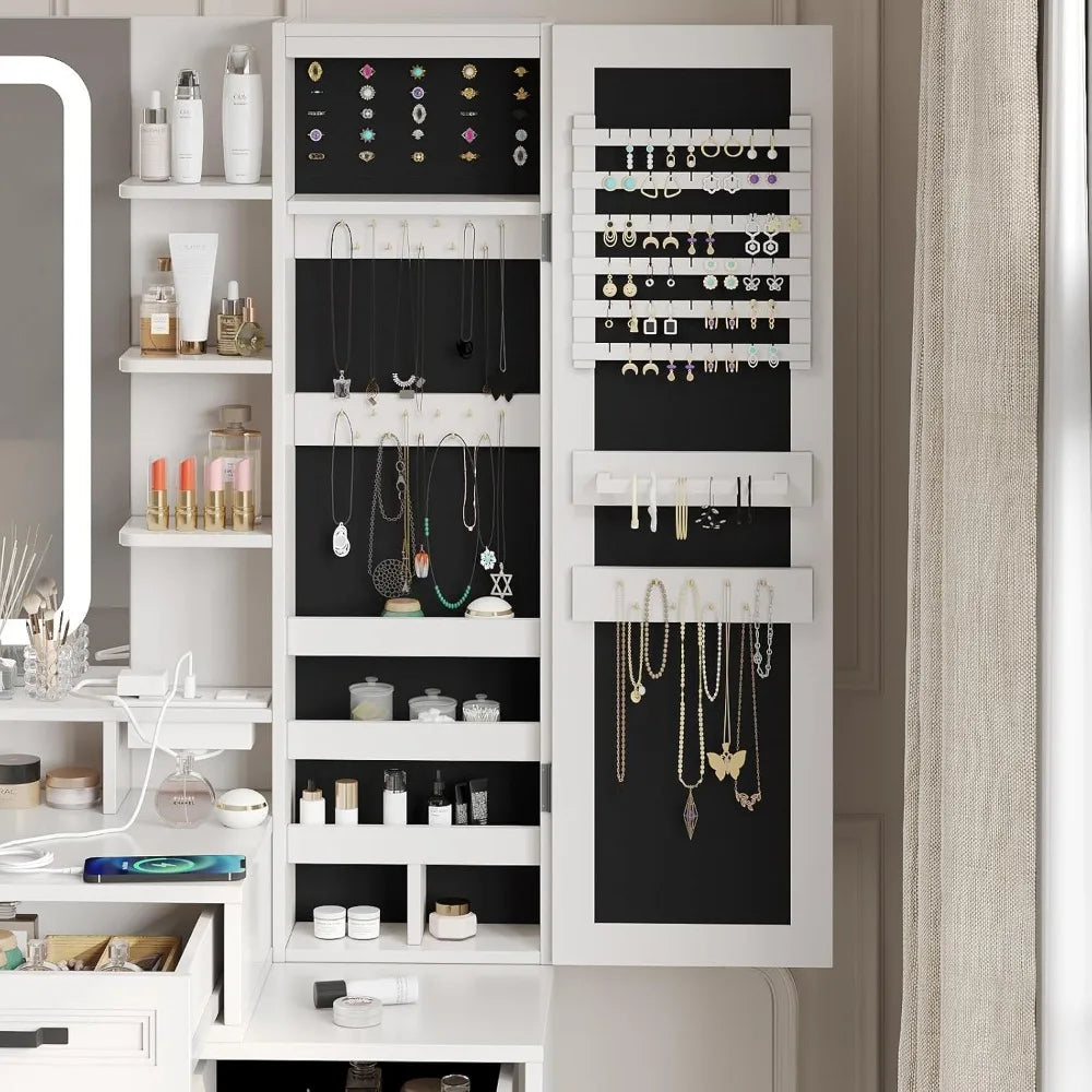 Vanity Desk with HD LED Mirror White Makeup Table with Large Jewelry Cabinet and Ample Storage Shelves 3 Drawers and Cabinets
