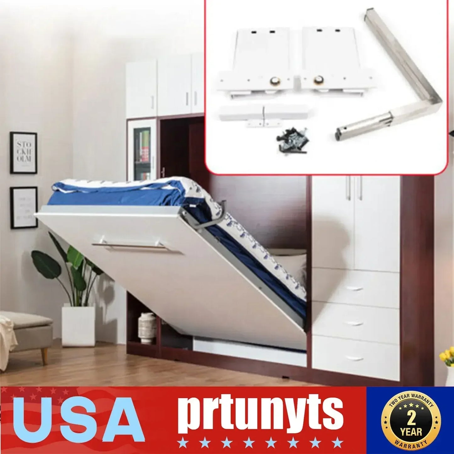 Murphy Wall Bed Spring Mechanism Hardware Kit White Finish for Horizontal or Vertical Twin Bed Conversion Space Saving Design
