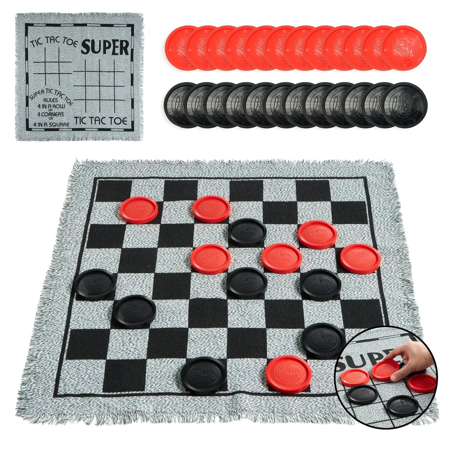 3-in-1 Vintage Giant Checkers Toy for Kids, Tic, Tac, Toe, Game with Reversible Mat, 24 Chips, Family Board Games(Grey)