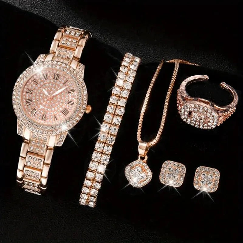 6PCS Women Luxury Elegant Alloy Watch Crystal Wristwatch for Ladies Gift Quartz Rhinestone Bracelet