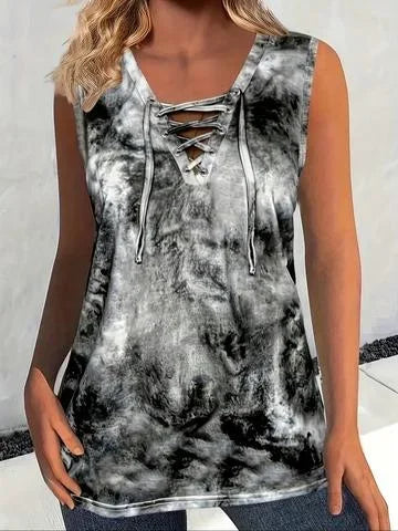 Plus Size Women Fashion Tie Dye Print Sleeveless Tank Tops Casual Round Neck Crisscross Detail Summer Wear 1XL to 5XL