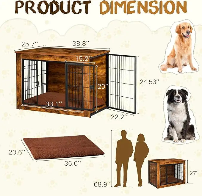 Dog Crate Furniture with Thick Cushion Wooden Side End Table Dog Cage with Double Doors Chew Resistant Kennel for Home