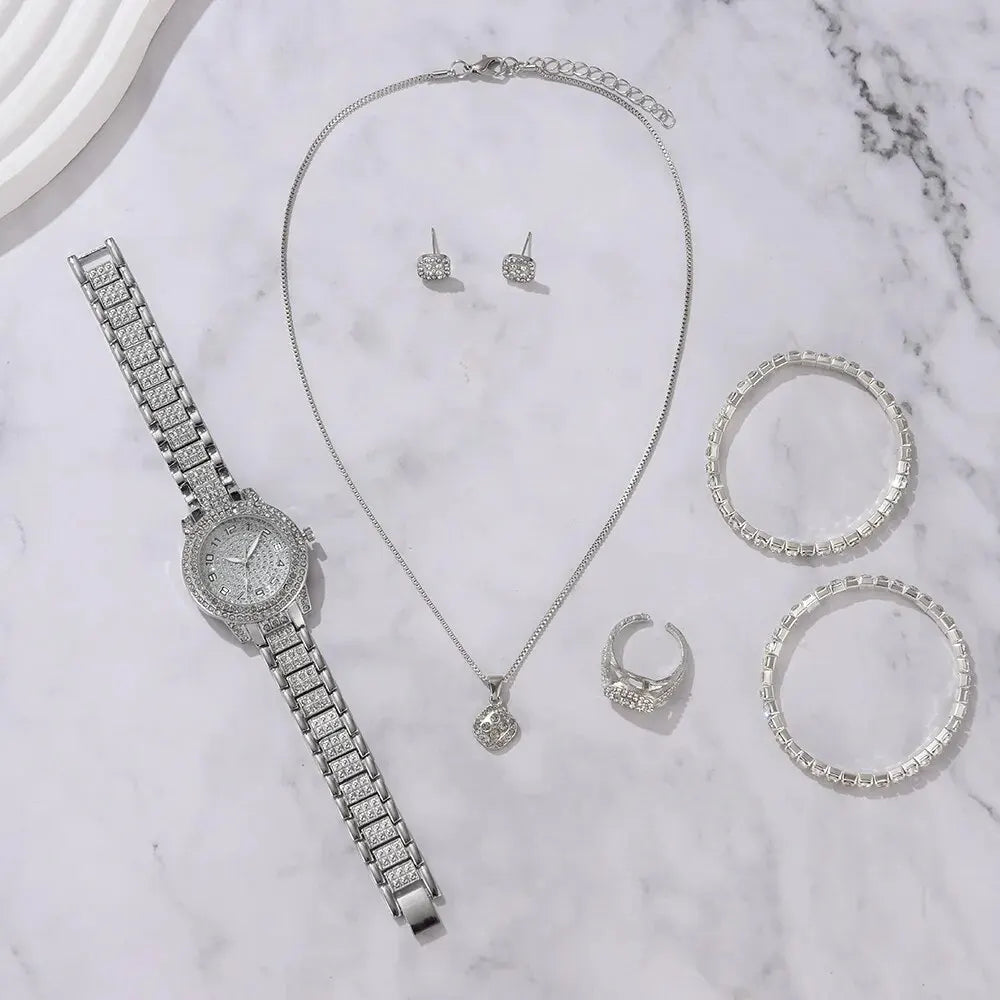 6PCS Women Luxury Elegant Alloy Watch Crystal Wristwatch for Ladies Gift Quartz Rhinestone Bracelet