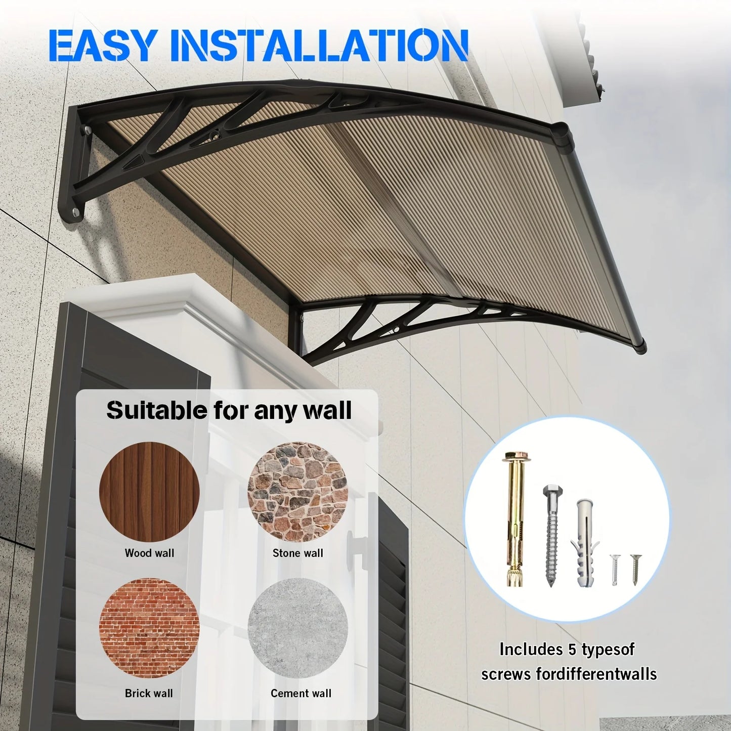 Awning Canopy for Door and Window UV Rain and Snow Sunlight Protection Polycarbonate Hollow Sheet Outdoor Canopy Easy Installation