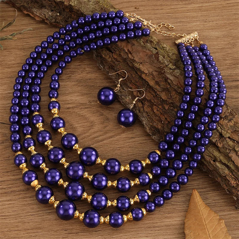 Multi-layer Bridal Wedding Jewelry Sets Women Blue Plastic Beads Necklace Earrings Set African Beads Jewelry Set Gifts