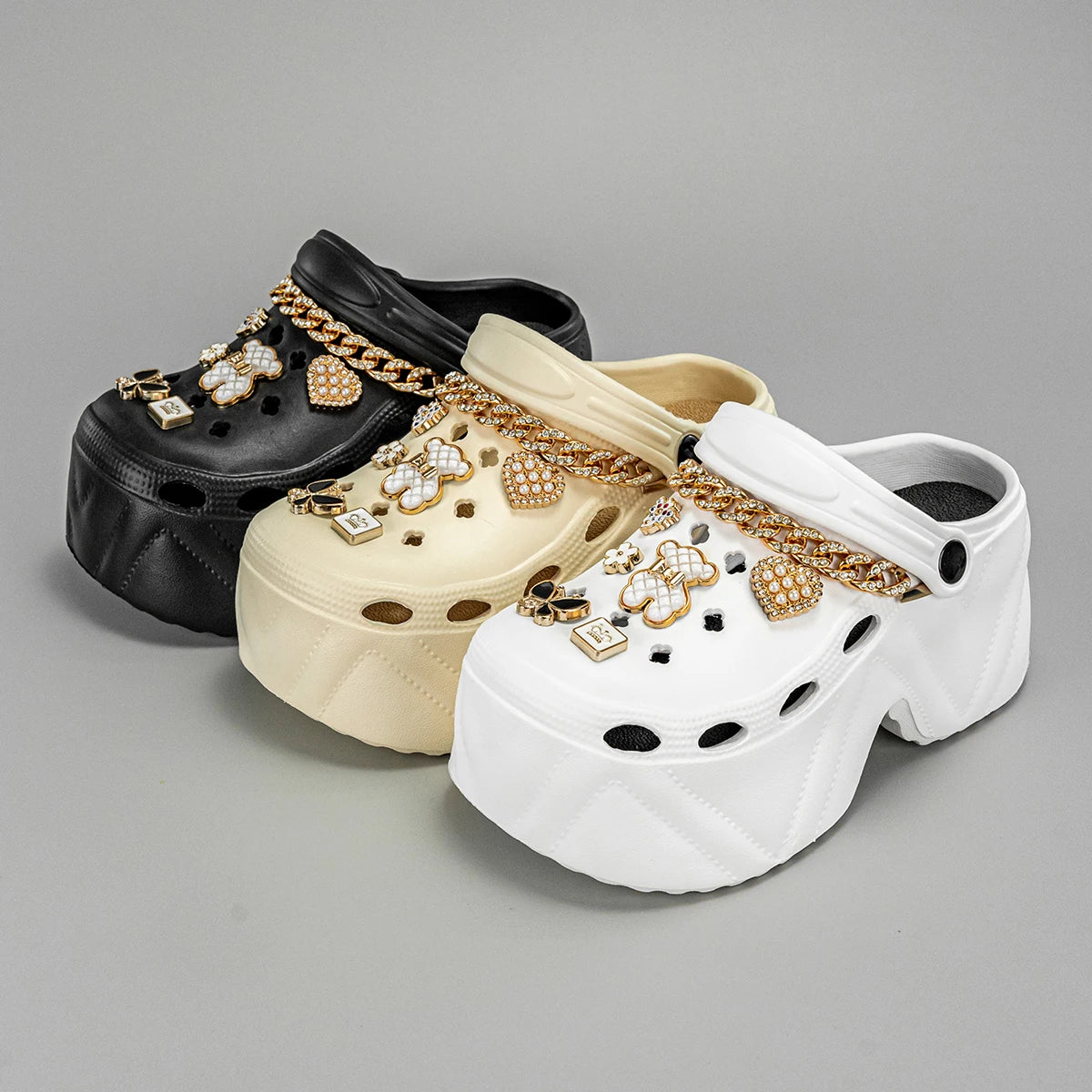 New Fashion Chain Black and White Bear High Heel Imitation Leather Pattern Clogs