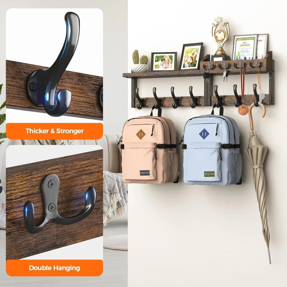 29" Wall Mounted Coat Rack with Shelf, 4-in-1 Entryway Organizer with 11 Metal Hooks and Mail Holder, Rustic Brown