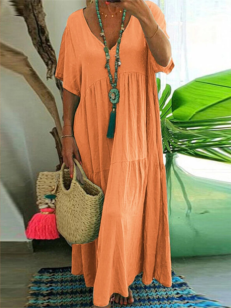 Plus Size Women's Casual Loose Ankle Length Dress V Neck Polyester
