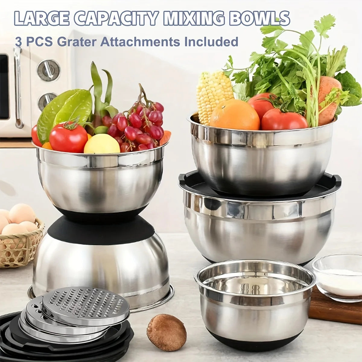 8 Pcs Stainless Steel Mixing Bowls Set with Airtight Lids and Attachments Black Kitchen Baking Serving Bowls